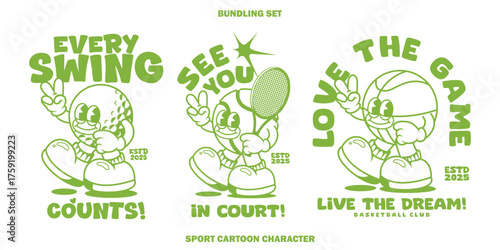 Funny cartoon character of sport ball. Can be used as Sticker, posters, prints. Retro cartoon style. Vector illustration