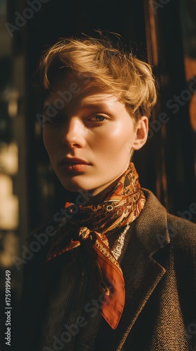 Elegant Portrait of a Young Woman with Stylish Scarf in Soft Light