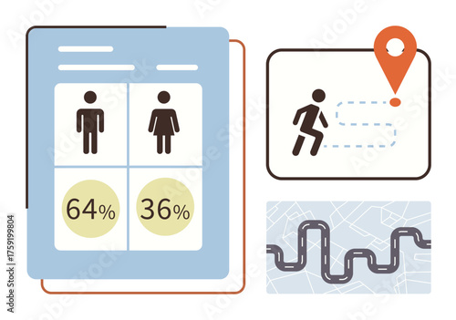 Gender-based percentage chart, pathway icon with pinpoint location, and grid map. Ideal for demographics, navigation, analytics, data presentation, statistics workflow planning. Simple flat