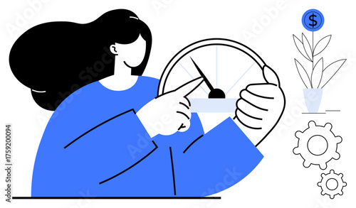 Woman holding and pointing at gauge, signifying progress. Coin, plant, and gears symbolize money, growth, and efficiency. Ideal for business, finance growth productivity strategy optimization