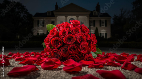 a bouquet of roses in the yard with scattered petals