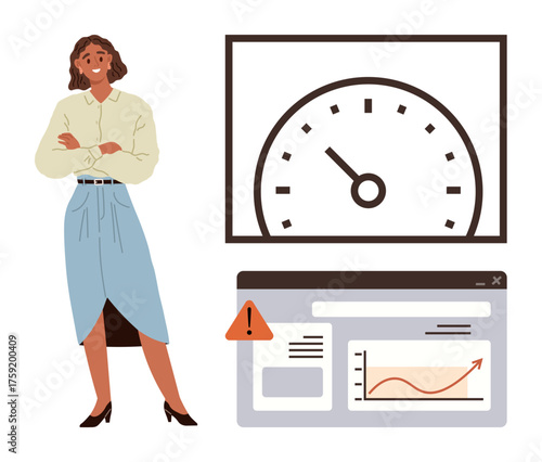 Woman standing beside dashboard showcasing speedometer and data graphs with alert signal. Ideal for performance, analytics, business, monitoring, warning, measurement, efficiency. Modern flat design