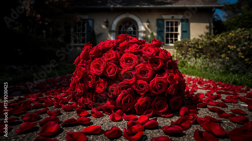 a bouquet of roses in the yard with scattered petals