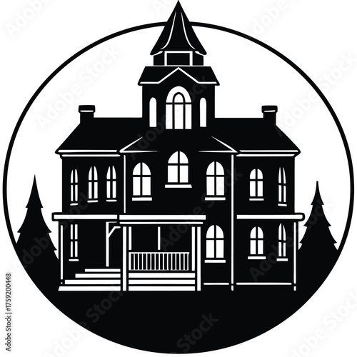 creepy victorian asylum  silhouette line art  blac.eps