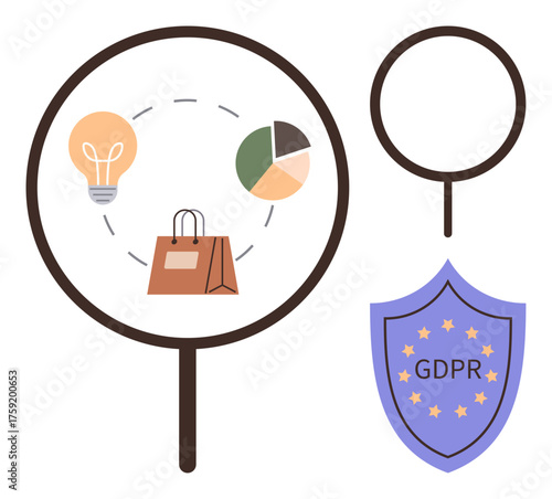 Magnifying glass over icons of light bulb, shopping bag, pie chart, with GDPR shield emblem. Ideal for consumer responsibility, data security, privacy policy, innovation, online shopping data