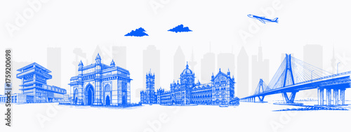 Mumbai Skyline with Gateway of India, Marine Drive, and Chhatrapati Shivaji Terminus – Cultural Travel Tourism Concept – Ideal for Cityscape Prints, Travel Blogs, and Promotional Use