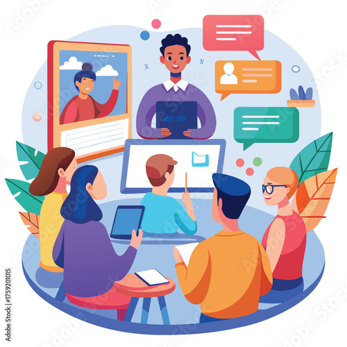 flat vector concept of students attending virtual .eps