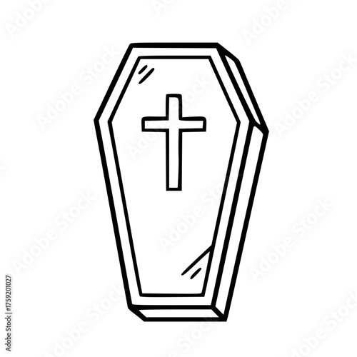Coffin with Cross Halloween Illustration in Simple Doodle Outline