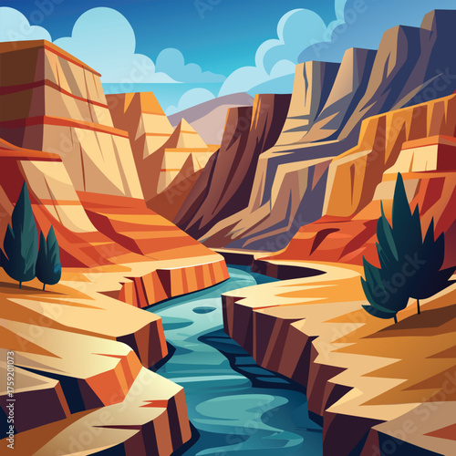 flat vector desert canyon with rocky cliffs.eps