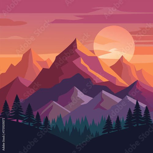 flat vector dusk over mountain ridge.eps