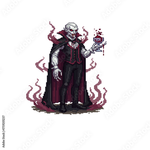 pixel art vampire lord count holding bloody goblet horror character