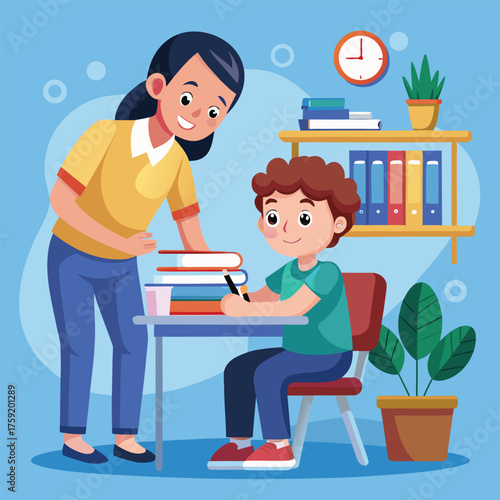 flat vector illustration of teacher helping studen.eps