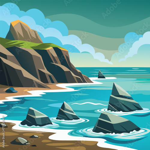flat vector seaside rocks with crashing waves.eps