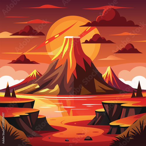 flat vector volcanic landscape at sunset.eps