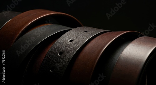 Leather Belt Collection: A series of leather belts are displayed in an elegant composition, highlighting the texture and quality of the materials.