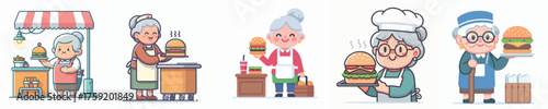 vector of grandmother selling burgers