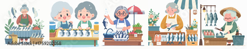 vector of grandmother selling fish