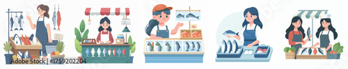 vector of woman selling fish