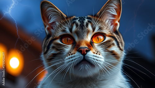 Wallpaper Mural Mystical Cat with Glowing Amber Eyes Under Stormy Sky, Fantasy Feline Portrait with Lightning & Warm Glow Torontodigital.ca