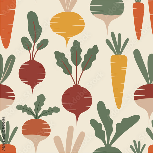A delightful retro-inspired seamless pattern featuring a charming assortment of root vegetables and carrots in warm earthy tones, perfect for culinary and agricultural designs