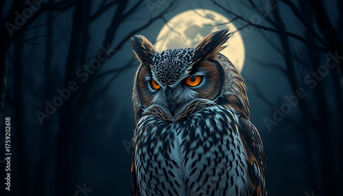 Wallpaper Mural Majestic Owl Staring Intensely Under Full Moon in Dark Forest, Mysterious Night Wildlife Portrait Torontodigital.ca