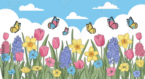 A vibrant illustration of a spring meadow filled with colorful flowers and fluttering butterflies under a bright blue sky.