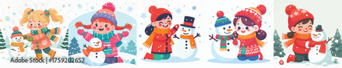 vector of a young girl playing with a snowman
