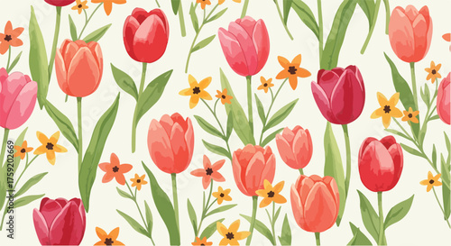 Seamless pattern of vibrant red and pink tulips blooming in a field of green leaves and delicate yellow wildflowers, evoking a fresh and cheerful springtime ambiance perfect for floral designs