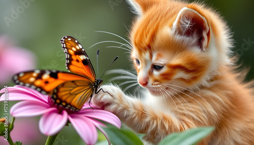 Wallpaper Mural Ginger Kitten Gently Touching Butterfly on Pink Flower, Sweet Nature Moment Between Cat & Butterfly Torontodigital.ca