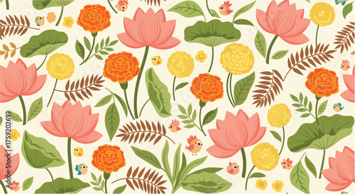 Whimsical Floral Pattern Design Featuring Lotus Flowers, Marigolds, Ferns, and Cute Birds in a Delicate, Creamy Background