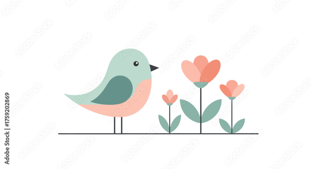 Naklejka premium A charming illustration featuring a bird perched near blooming flowers, evoking springtime and nature's beauty.