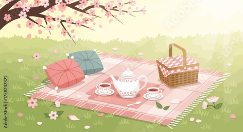 A serene picnic scene under a blooming cherry blossom tree, featuring tea and a basket.