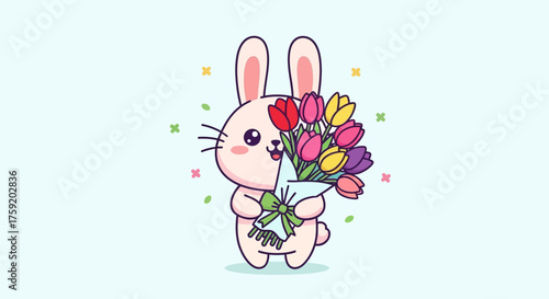 A cute cartoon bunny holding a bouquet of colorful tulips, a cheerful and delightful illustration.
