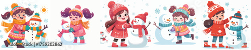 vector of a young girl playing with a snowman