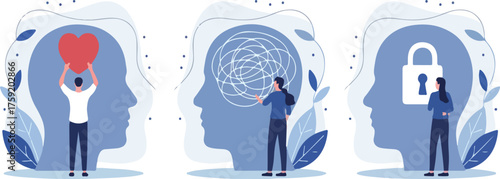 Mental Health and Emotional Well-being Concepts Illustration Set emotion, well-being, anxiety, love, empathy,