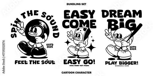 Bundling Set Funny cartoon character . Can be used as Sticker, posters, prints. Retro cartoon style. Vector illustration