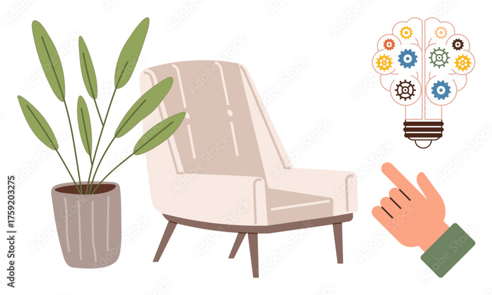 Fototapeta premium Armchair next to potted plant, hand gestures towards a bulb filled with colorful gears, representing innovation, creativity, and comfort. Ideal for creativity, innovation, relaxation, design