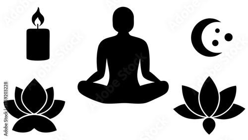 Meditating figure surrounded by spiritual symbols of candle lotus and moon phases