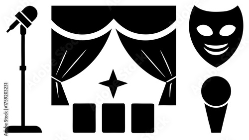 Stage performance elements including microphone theater stage mask in black