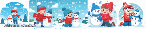 vector of a young man playing with a snowman