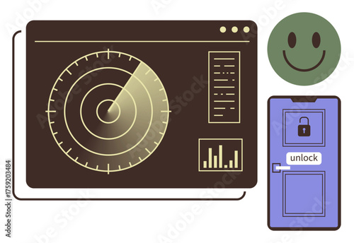 Radar screen scanning data, smiling face indicating satisfaction, purple locked door. Ideal for safety, security, monitoring, surveillance, accessibility satisfaction technology. Simple flat