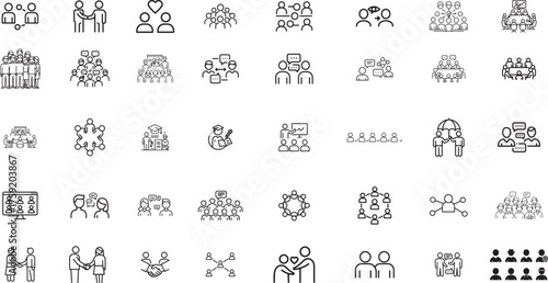 Comprehensive set of social and business icons representing teamwork, collaboration, education, networking, and community building. Vector line art for diverse organizational and digital communication