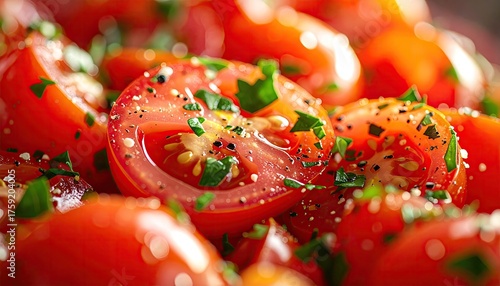 Close-up of Ripe Cherry Tomatoes Seasoned with Fresh Parsley and Black Pepper a Healthy Appetizer or Salad Ingredient