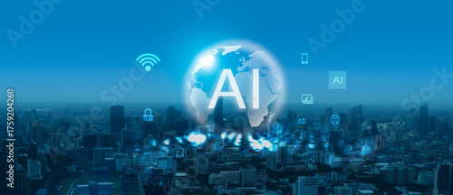 Fototapeta Naklejka Na Ścianę i Meble -  Global with ai icon, wireless network connection banner and city scape concept. Technology and artificial intelligence, machine learning concept