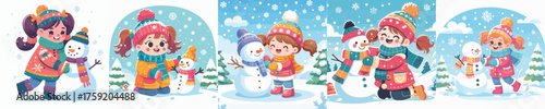 vector of a young girl playing with a snowman
