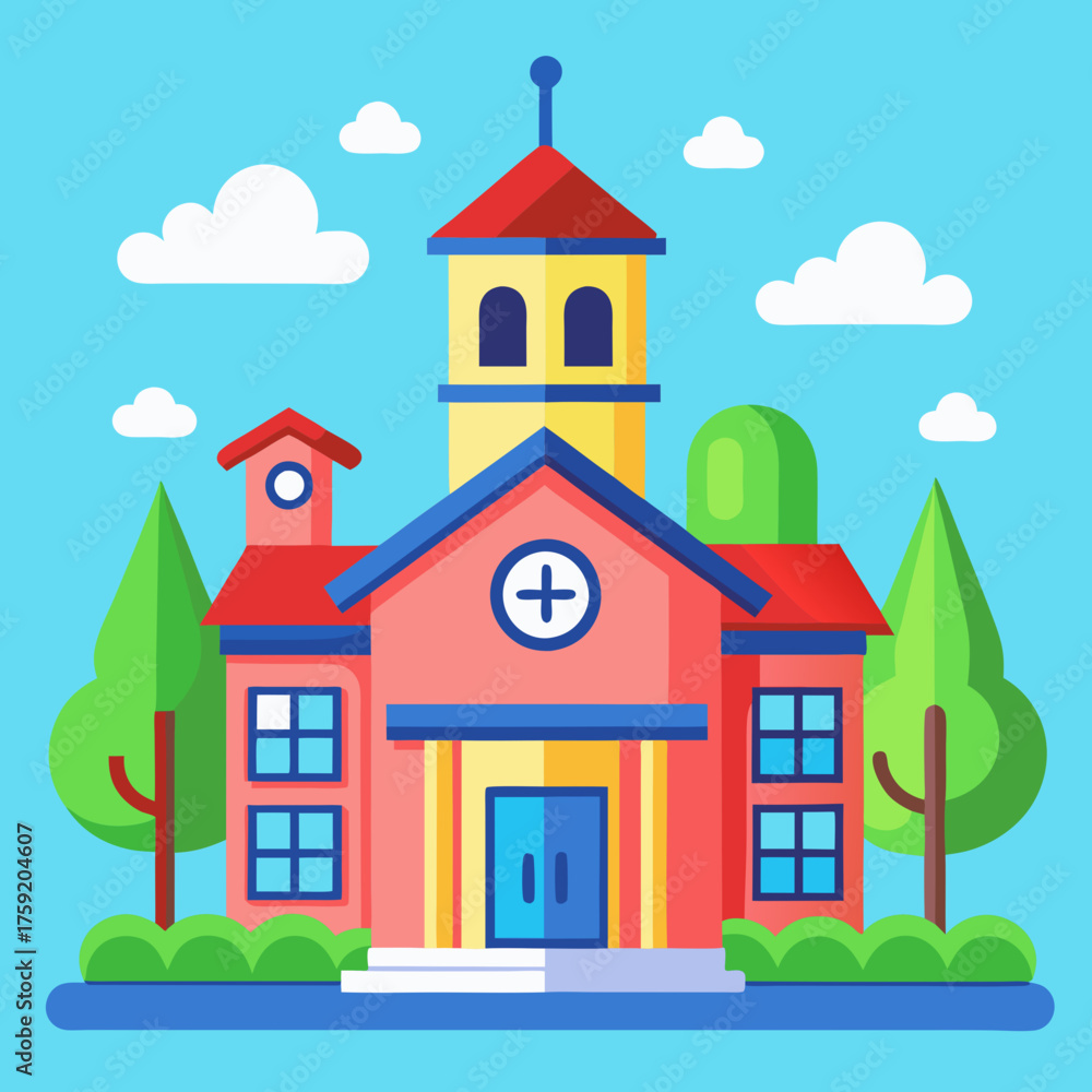 Naklejka premium Colorful flat design illustration of a modern hospital building with trees and clouds