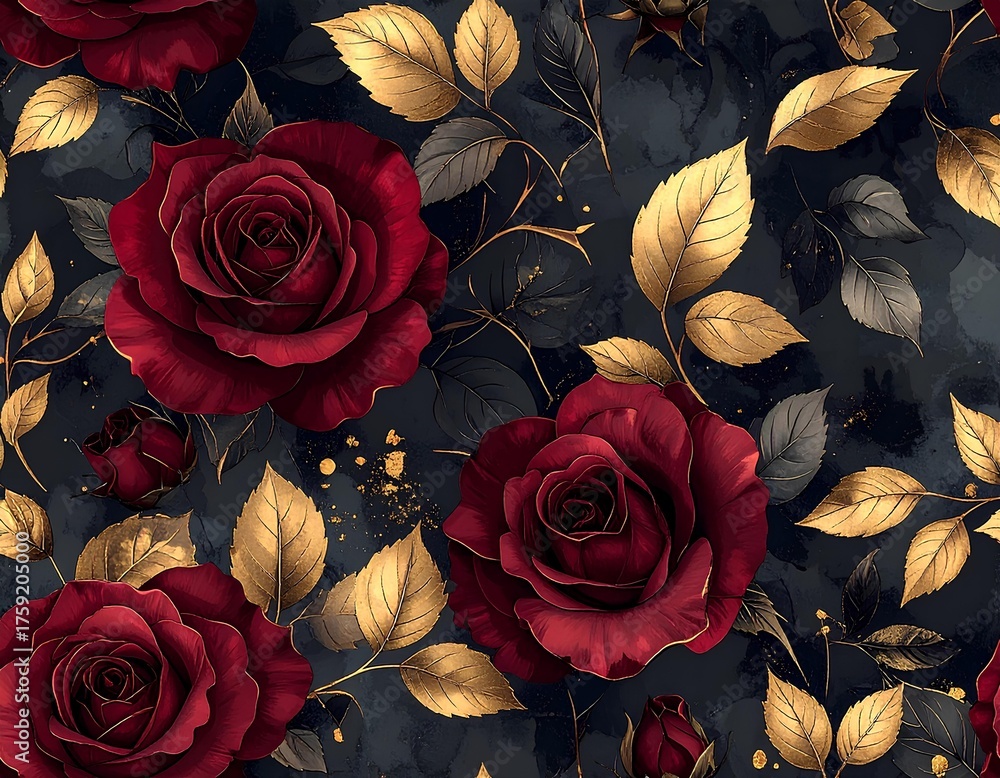 seamless pattern red rose with golden leaves on the dark background