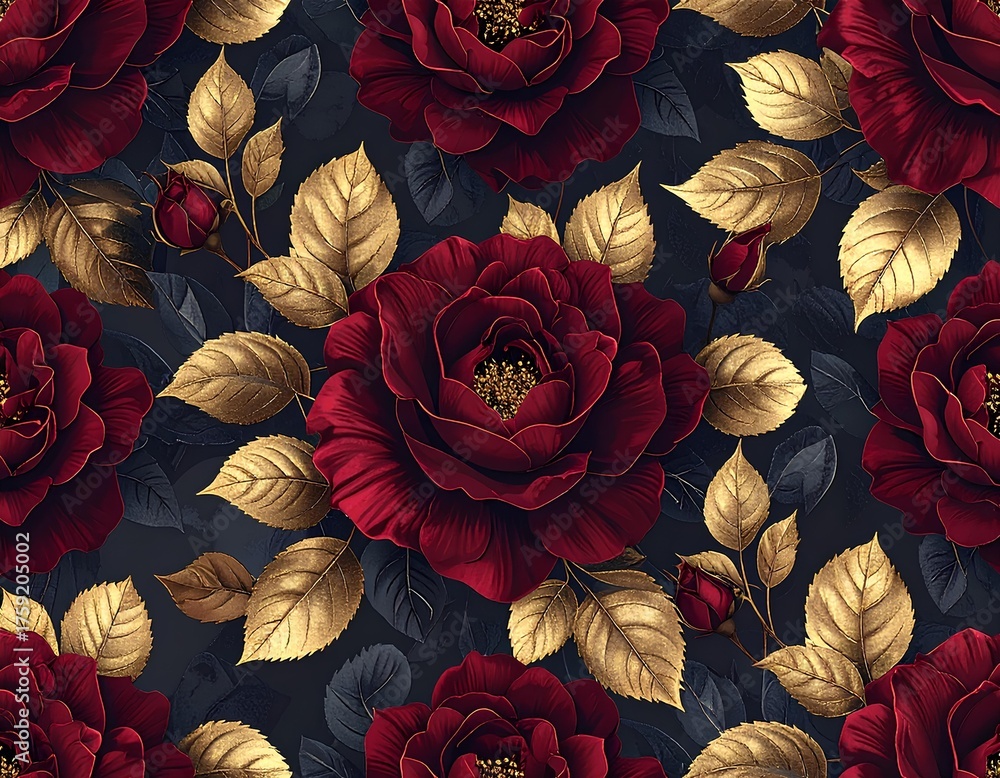 seamless pattern red rose with golden leaves on the dark background