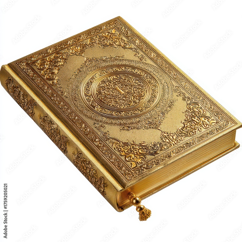 Fototapeta premium Ornate Golden Quran - Intricate Islamic Calligraphy and Decorative Patterns on Holy Book.