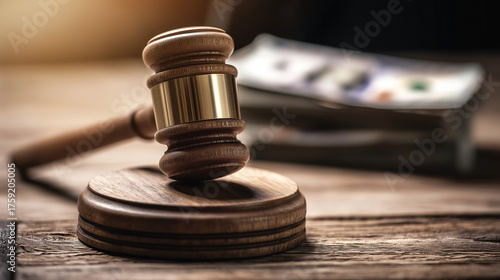 Close-up of a wooden gavel beside cash notes, representing legal judgment and bribery concepts.